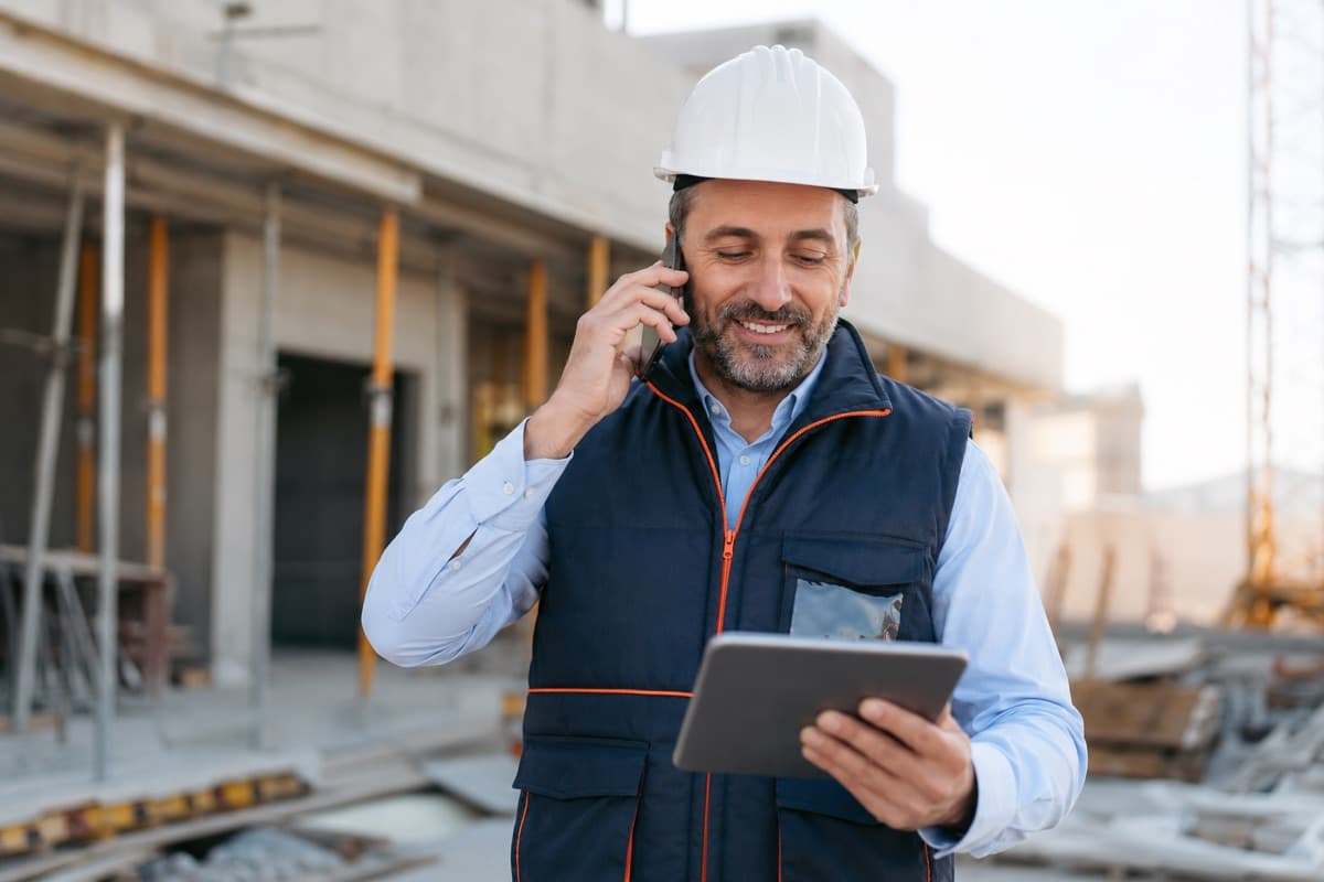 Imprenditore edile con casco che guarda i numeri della sua impresa su un tablet