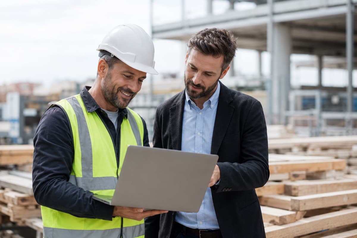 Consulente e imprenditore edile che analizzano insieme i numeri su un laptop in cantiere